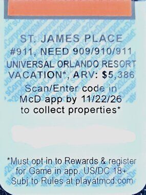 Unredeemed McDonald's Monopoly St. James Place #911 Peel Game Piece 2026
